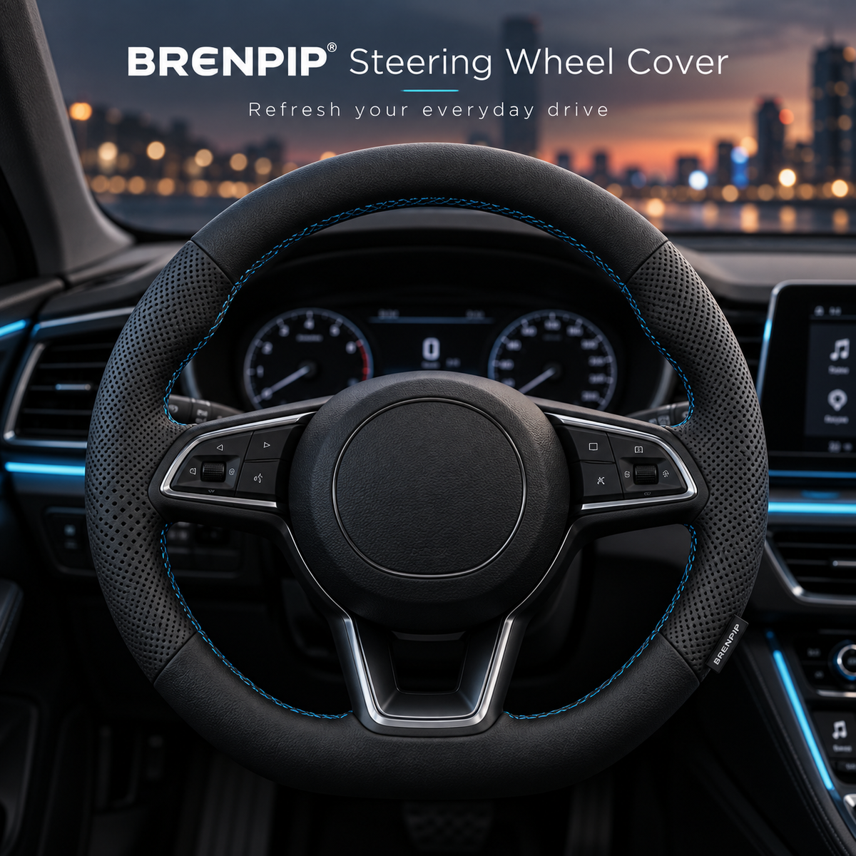 BRENPIP® Steering Wheel Cover – Textured Black Design with Blue Stitching