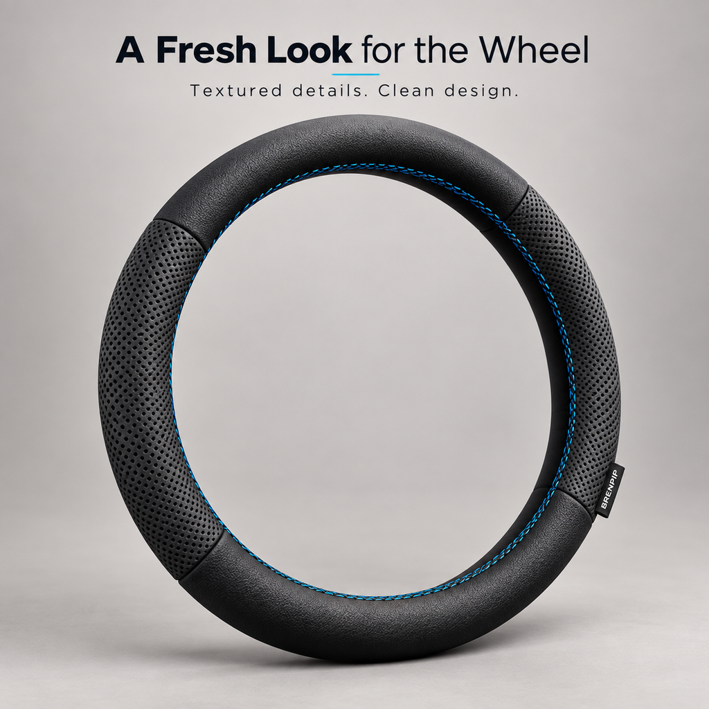 BRENPIP® Steering Wheel Cover – Textured Black Design with Blue Stitching