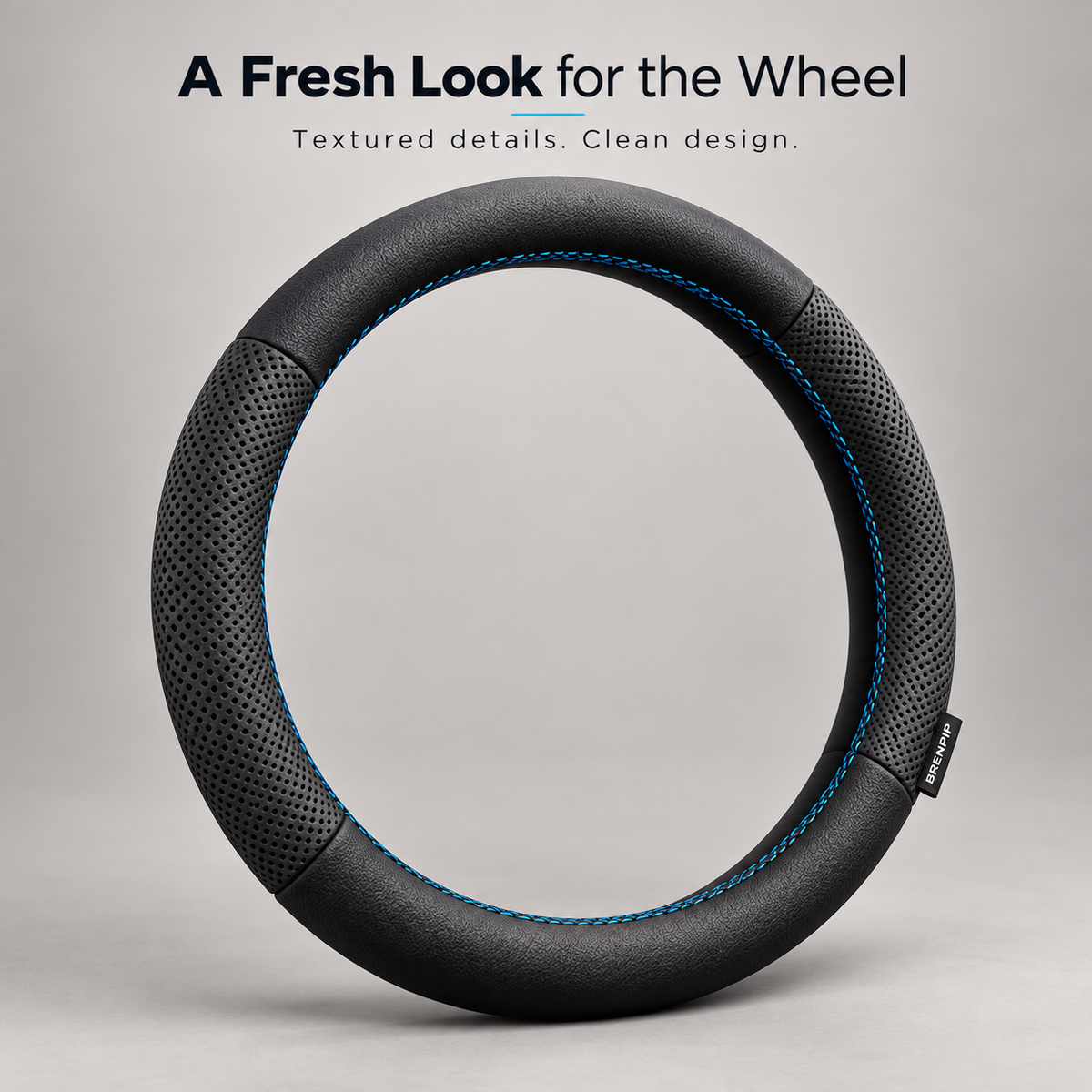 BRENPIP® Steering Wheel Cover – Textured Black Design with Blue Stitching