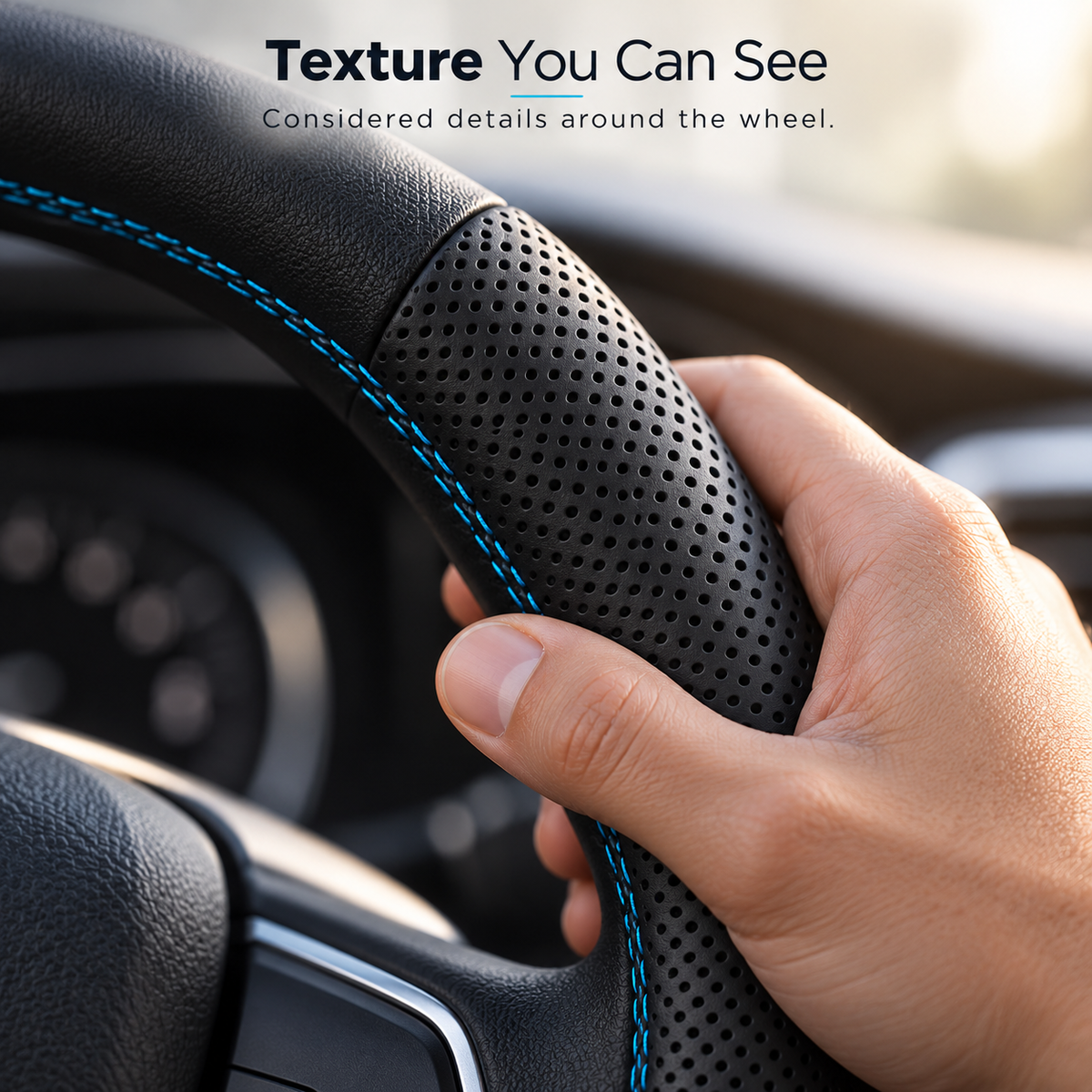 BRENPIP® Steering Wheel Cover – Textured Black Design with Blue Stitching