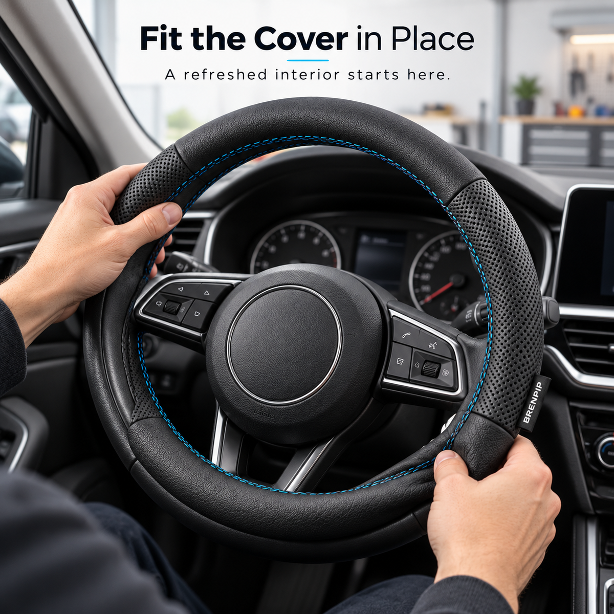 BRENPIP® Steering Wheel Cover – Textured Black Design with Blue Stitching