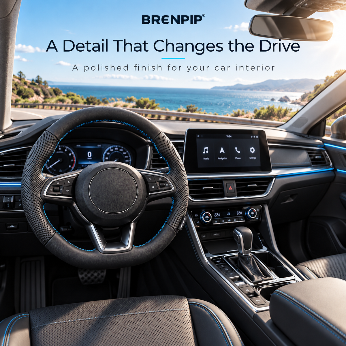 BRENPIP® Steering Wheel Cover – Textured Black Design with Blue Stitching